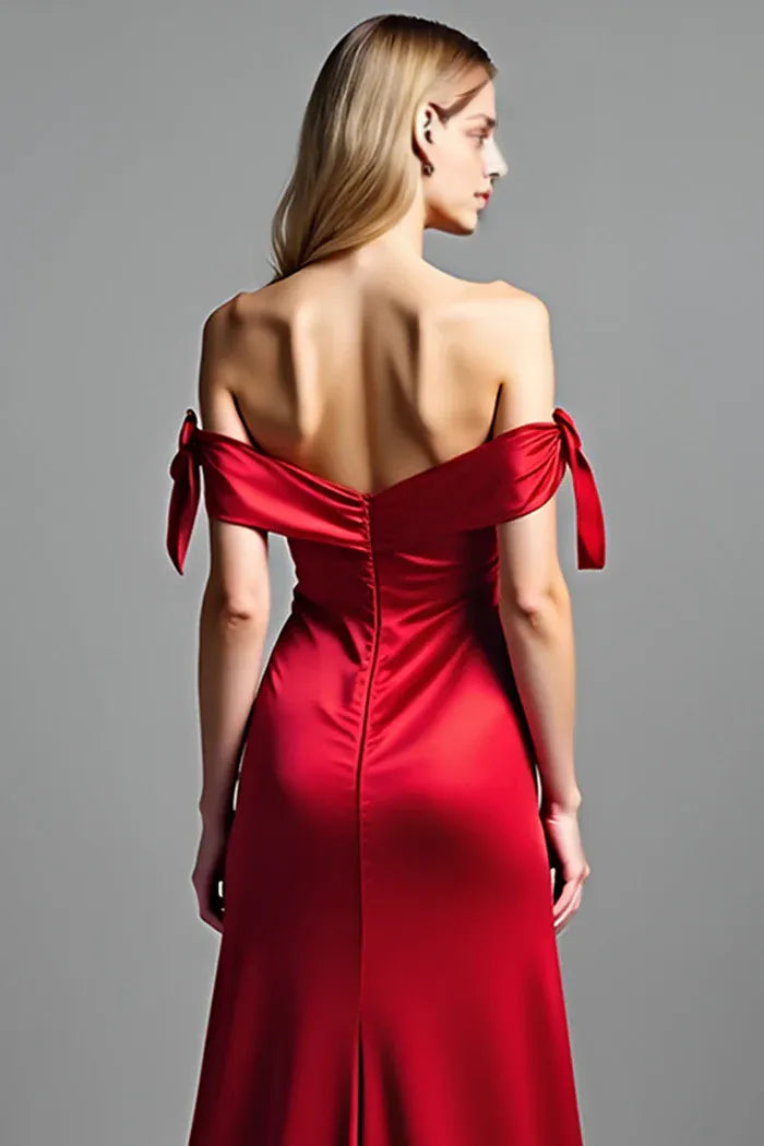 Dress Red Off the Shoulder Satin Maxi Dress Prom Dress With Slit Evening Dress