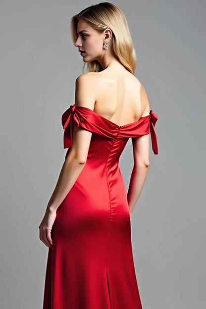 Dress Red Off the Shoulder Satin Maxi Dress Prom Dress With Slit Evening Dress