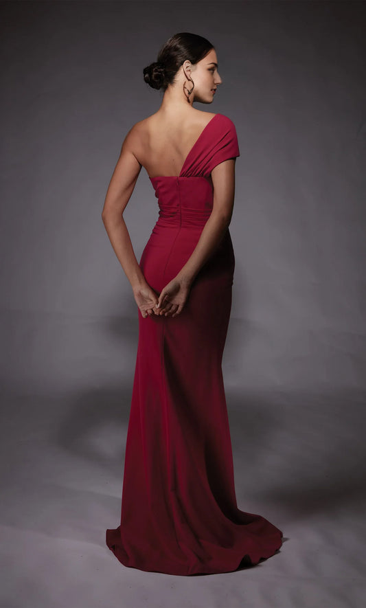 Dress Red One Shoulder Elegance One Shoulder Neck Ruched Bodice Ruffled Skirt And A Mermaid Shape Prom Dress