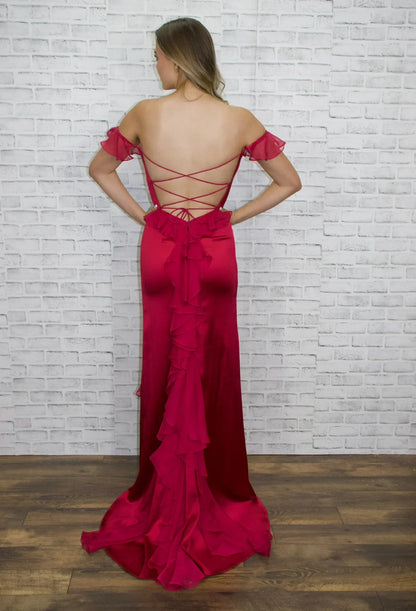 Dress Red Satin Gown Off Shoulder & Ruffled High Slit For Elegant Romance Open Back Prom Dress
