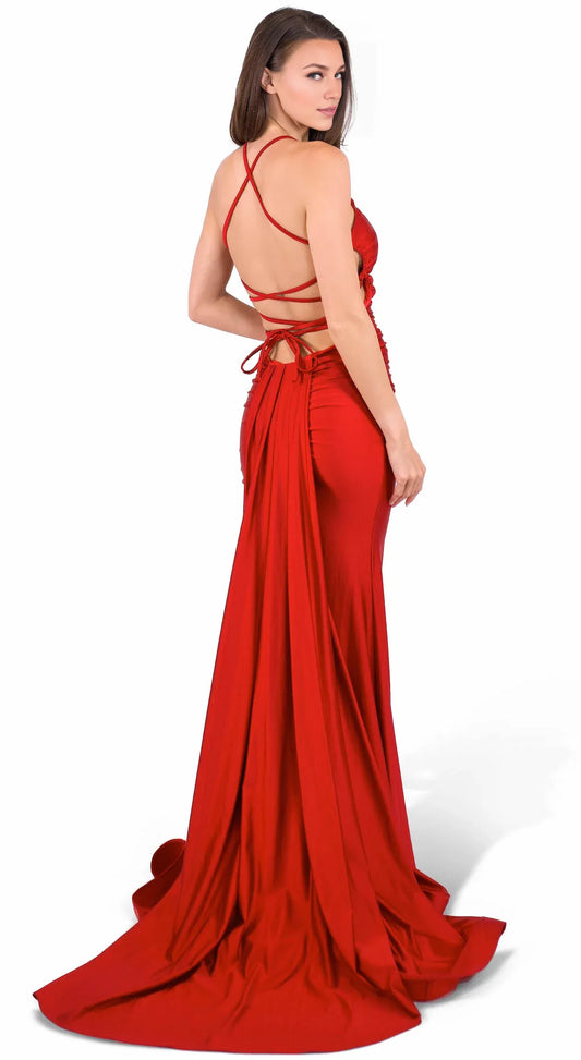 Dress Red Satin Gown Spaghetti Straps Square Neck Ruched Bodice And A Bold High Slit Prom Dress