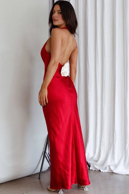 Dress Red Satin Halter Neck Maxi Dress With Plunging V Neck And Bodycon Silhouette Prom Dress