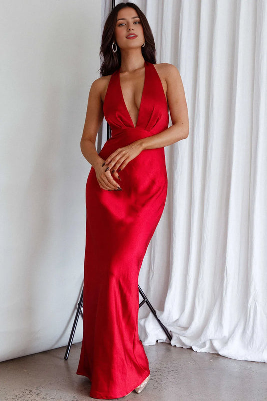 Dress Red Satin Halter Neck Maxi Dress With Plunging V Neck And Bodycon Silhouette Prom Dress