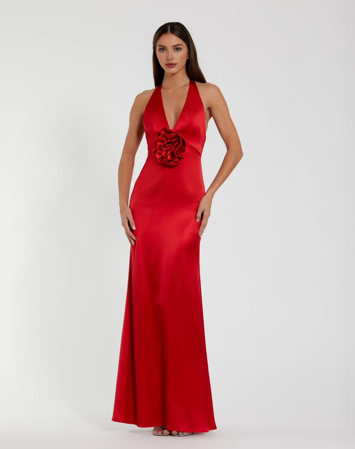 Dress Red Satin Halter Style Evening Gown With Plunging Neckline And 3D Flower Capturing Timeless Sophistication Prom Dress