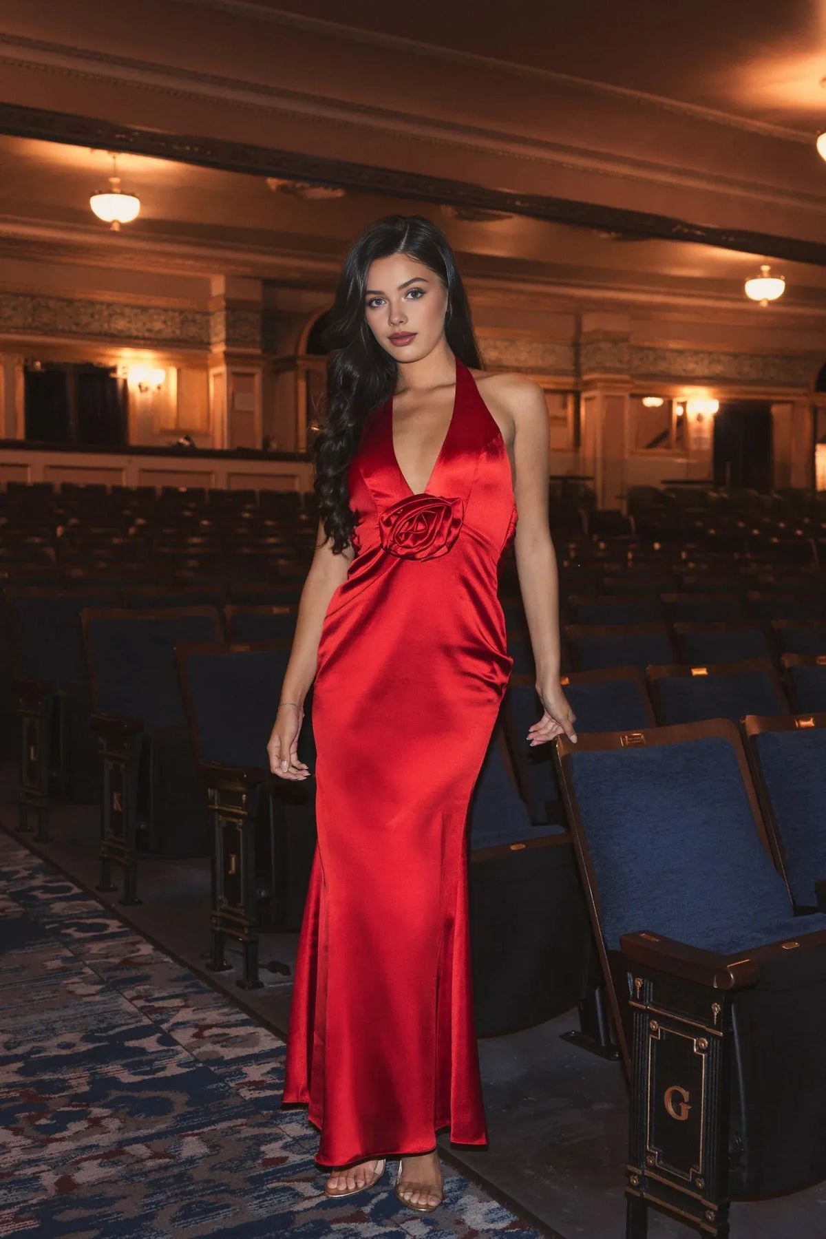 Dress Red Satin Halter Style Evening Gown With Plunging Neckline And 3D Flower Capturing Timeless Sophistication Prom Dress