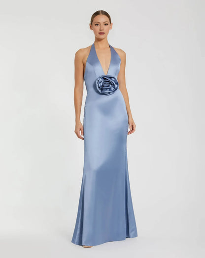 Dress Red Satin Halter Style Evening Gown With Plunging Neckline And 3D Flower Capturing Timeless Sophistication Prom Dress