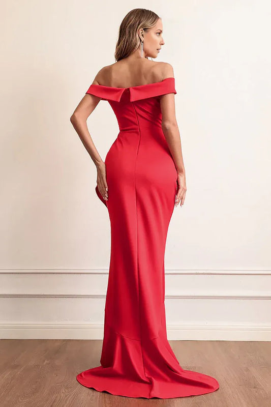 Dress Red Sheath Off The Shoulder Party Dress Sweep/Brush Train With Ruffles Prom Dress