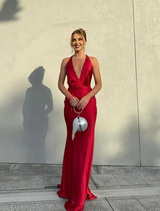 Dress Red Simple Elegant V-neck Long Sexy Satin Ball Gown Evening Prom Dress Wedding Guest Dress