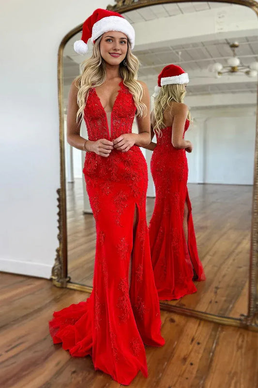 Dress Red Sleevelsss Mermaid Deep V-Neck Lace Prom Dress With Appliques Split