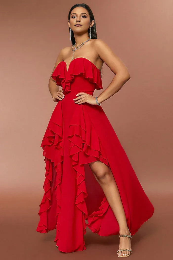 Dress Red Strapless A Line Party Dress Maxi Dress With Ruffles Prom Dress