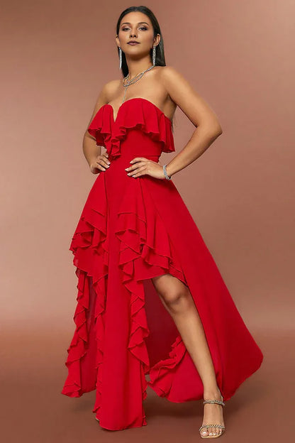 Dress Red Strapless A Line Party Dress Maxi Dress With Ruffles Prom Dress