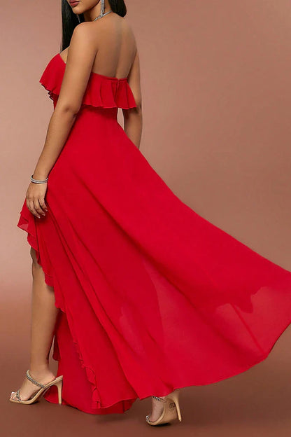 Dress Red Strapless A Line Party Dress Maxi Dress With Ruffles Prom Dress