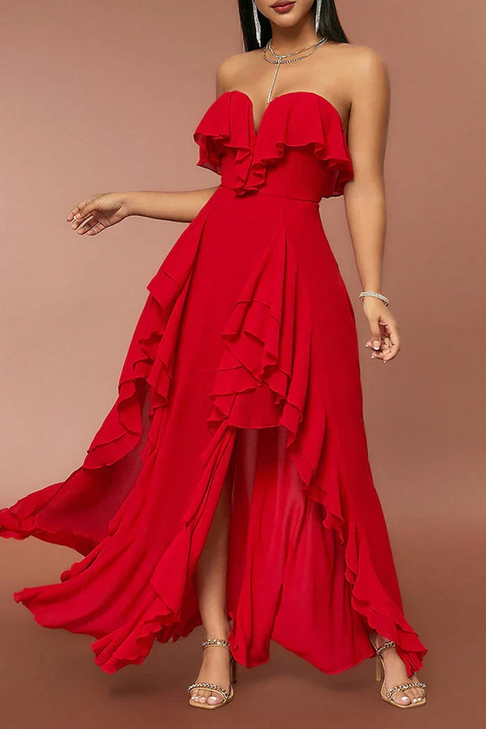 Dress Red Strapless A Line Party Dress Maxi Dress With Ruffles Prom Dress