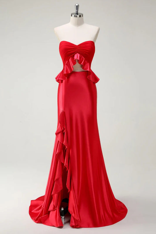 Dress Red Sweetheart Mermaid Ruffles Maxi Dress Prom Dress With Slit Evening Dress