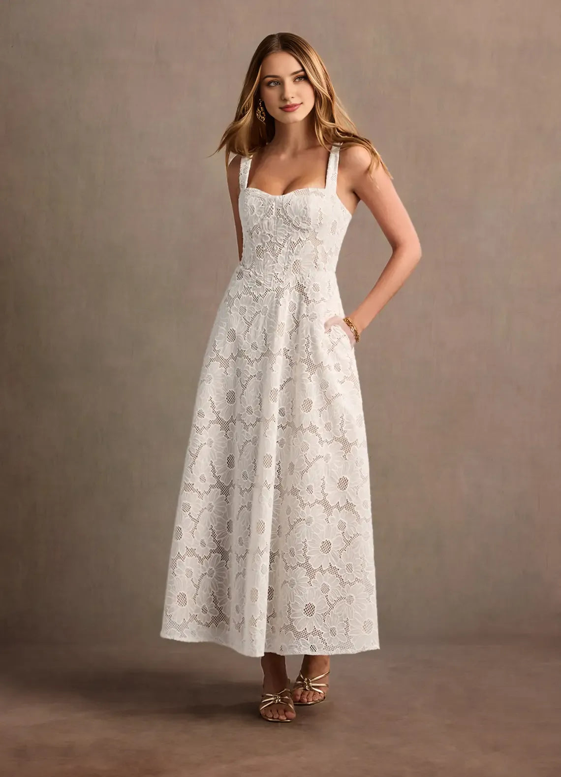 Dress Regular Straps Elegant Sweetheart Maxi Dress Prom Dress Modern Lace A-Line White Evening Dress