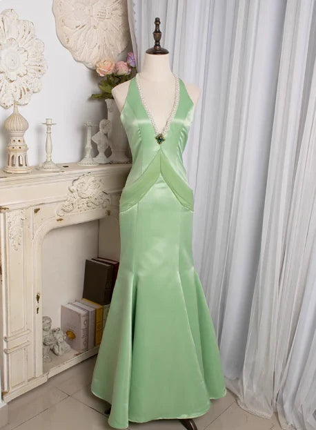 Dress Retro Light Green Water Drop Beaded Deep V Backless Mermaid Satin Prom Dress
