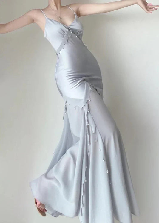 Dress Retro Mermaid Spaghetti Straps Satin Silver Long Prom Dresses Party Dress