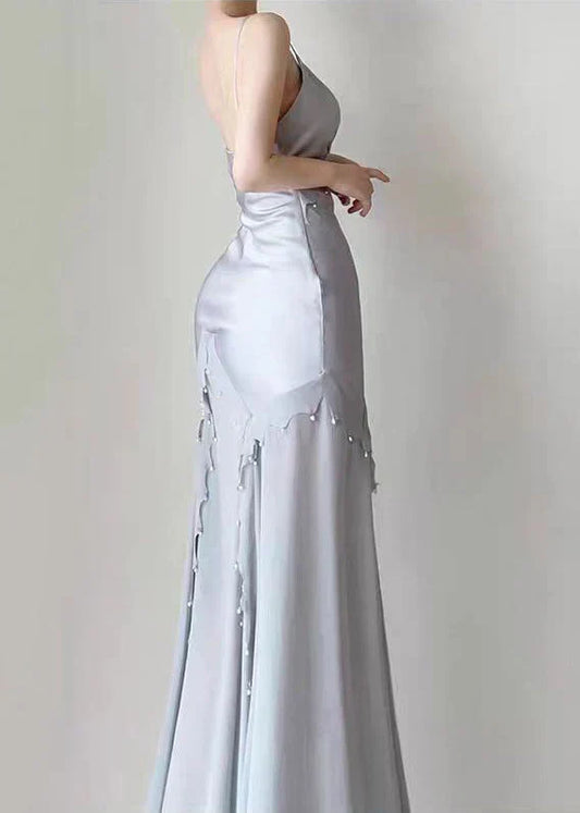 Dress Retro Mermaid Spaghetti Straps Satin Silver Long Prom Dresses Party Dress