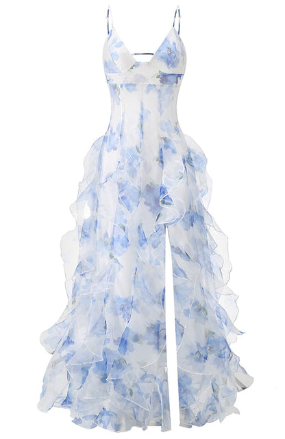 Dress Retro Sheath Spaghetti Straps Floral Blue Slit Chiffon Long Party Dress Prom Dresses