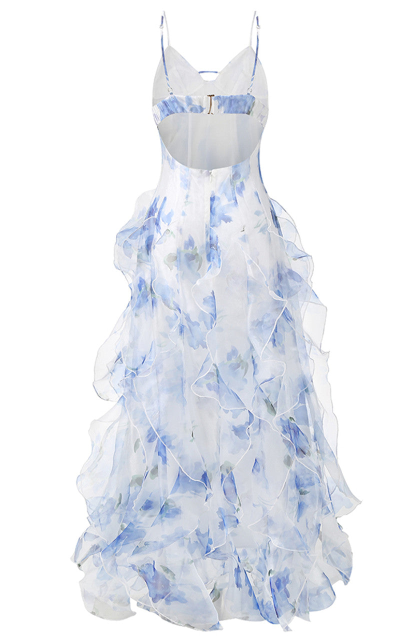 Dress Retro Sheath Spaghetti Straps Floral Blue Slit Chiffon Long Party Dress Prom Dresses