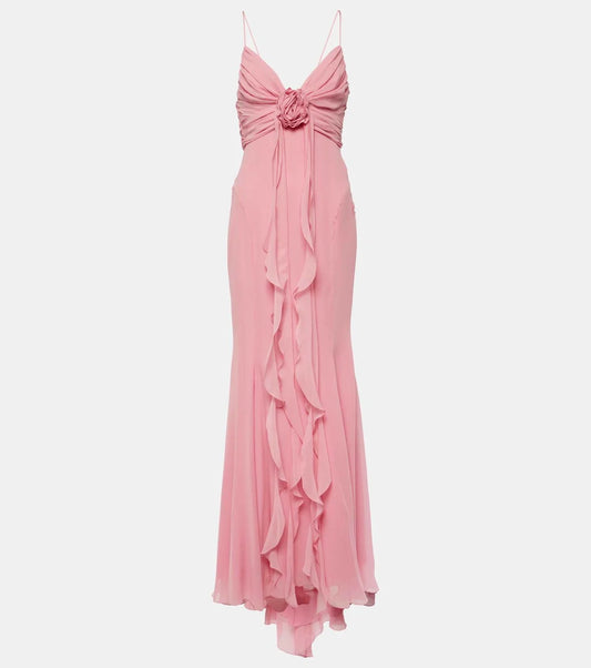 Dress Retro Sheath Spaghetti Straps Pink Chiffon Long Party Dress Prom Dresses
