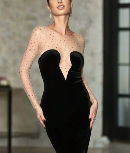 Dress Rhinestone Velvet Maxi Dress Party Dress Black Elegant Corset Mermaid Prom Dress