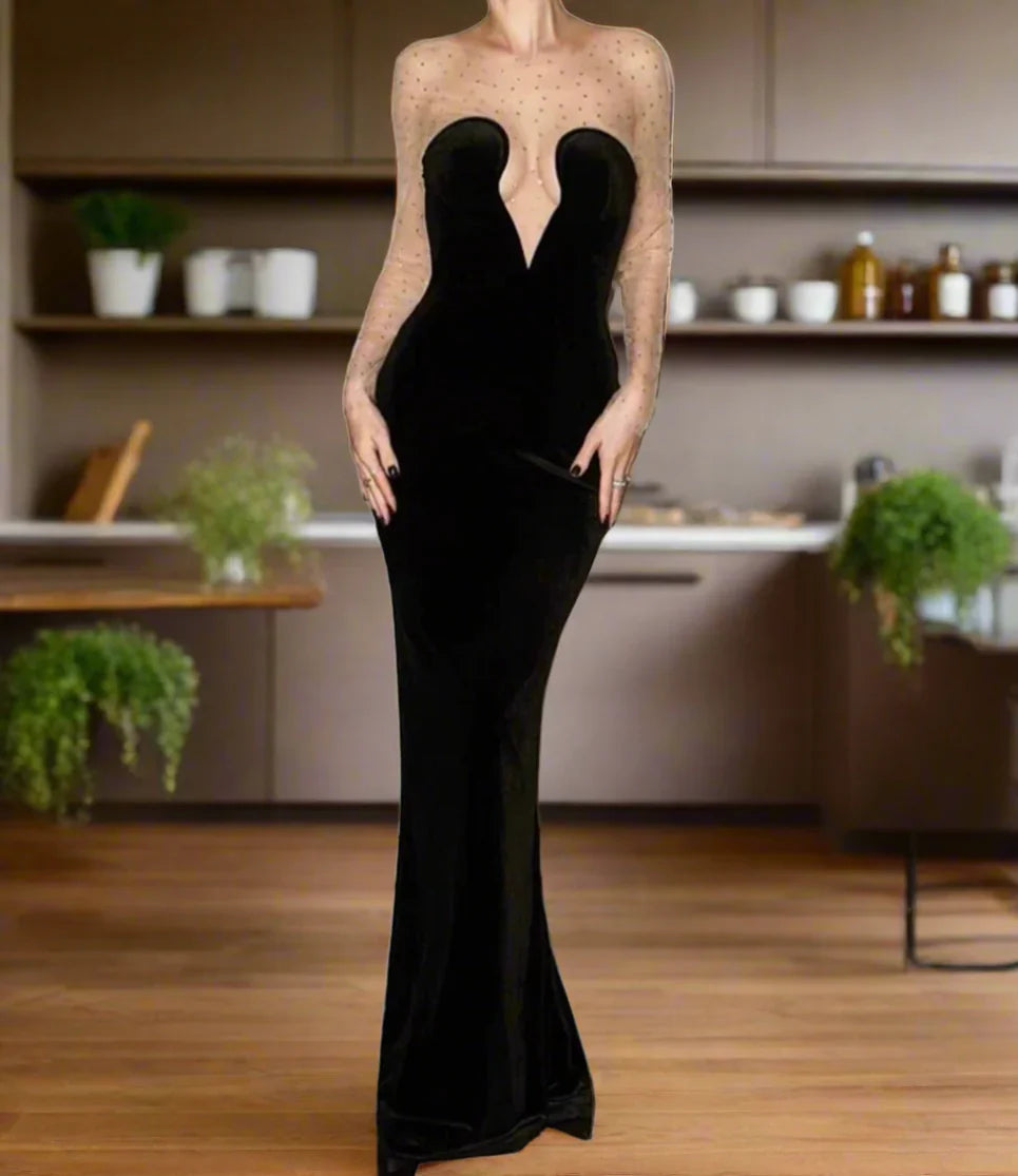 Dress Rhinestone Velvet Maxi Dress Party Dress Black Elegant Corset Mermaid Prom Dress