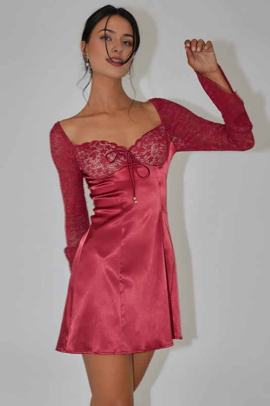 Dress Romantic Burgundy Satin Mini Dress Featuring Sweetheart Neck Lace Sleeves And Bow Tie Front Homecoming Dress