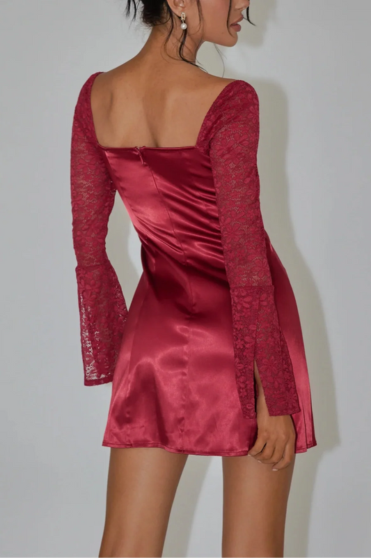 Dress Romantic Burgundy Satin Mini Dress Featuring Sweetheart Neck Lace Sleeves And Bow Tie Front Homecoming Dress