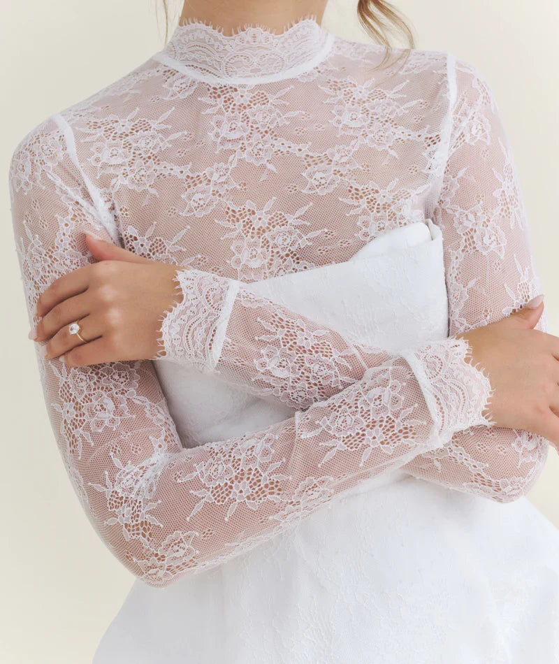 Dress Romantic Lace Long Sleeve Detail Mini Dress White A-Line High Neck Short Homecoming Dress