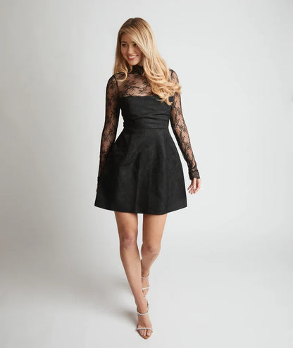 Dress Romantic Lace Long Sleeve Detail Mini Dress White A-Line High Neck Short Homecoming Dress