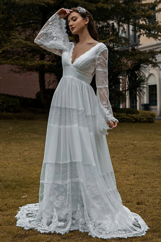 Dress Romantic Long Sleeves Deep V Neck Lace Boho Wedding Dress A-line V Back Bride Dress