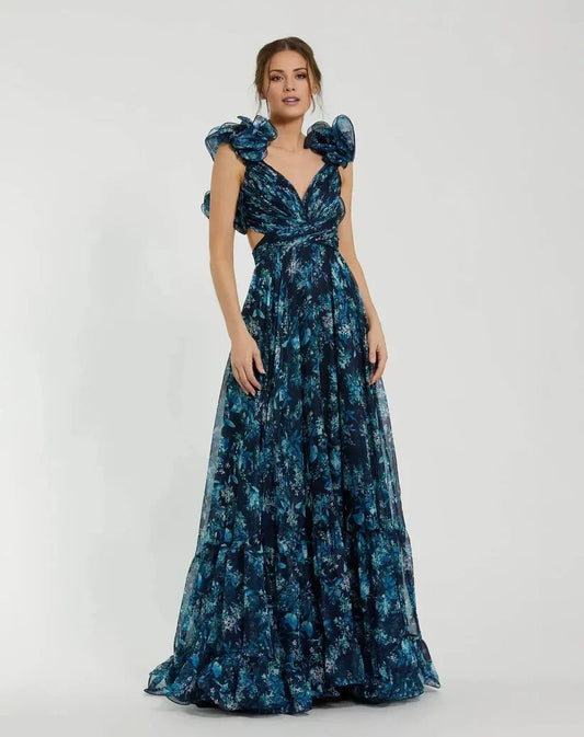 Dress Romantic Navy Tiered Floral Cut-Out Chiffon Gown Evening Dress A-Line Sleeveless Lace-up Back Prom Dress