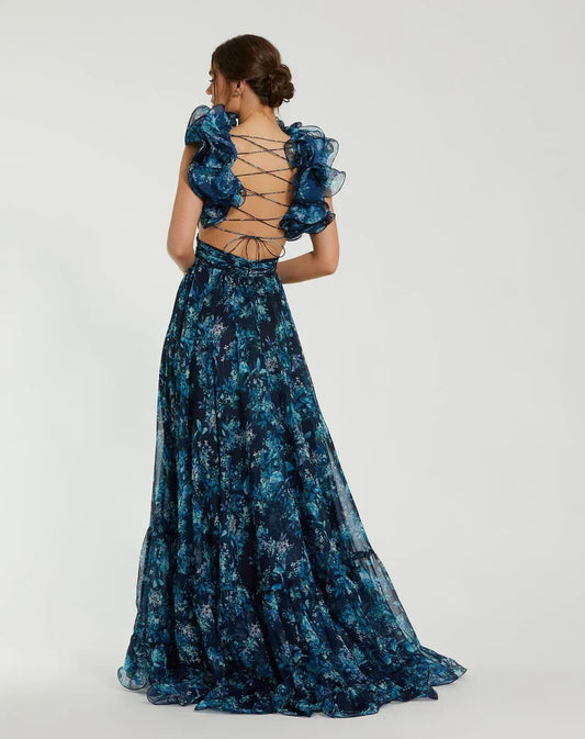 Dress Romantic Navy Tiered Floral Cut-Out Chiffon Gown Evening Dress A-Line Sleeveless Lace-up Back Prom Dress