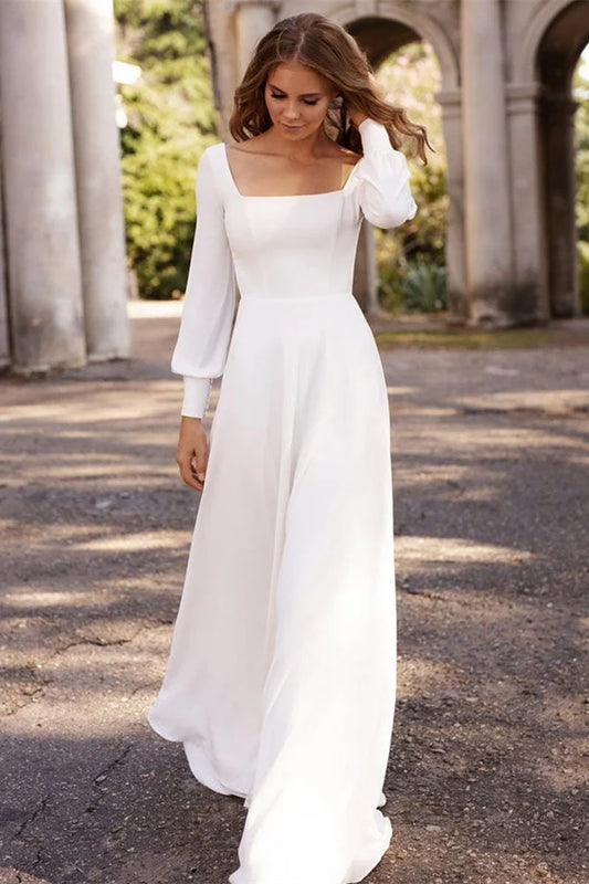 Dress Romantic Square Neck A Line Long Sleeves Wedding Dress A-line Floor Length Bride Dress