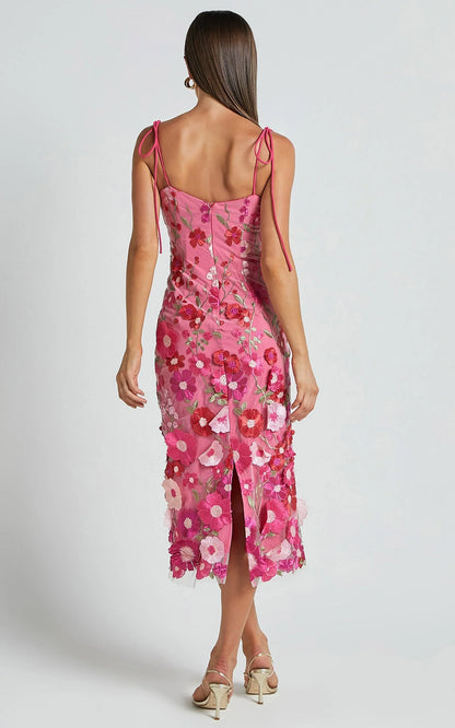 Dress Romantic Straight Neck Tie Strap Midi Dress Pink Column Sleeveless Backless Spaghetti Straps Evening Dress