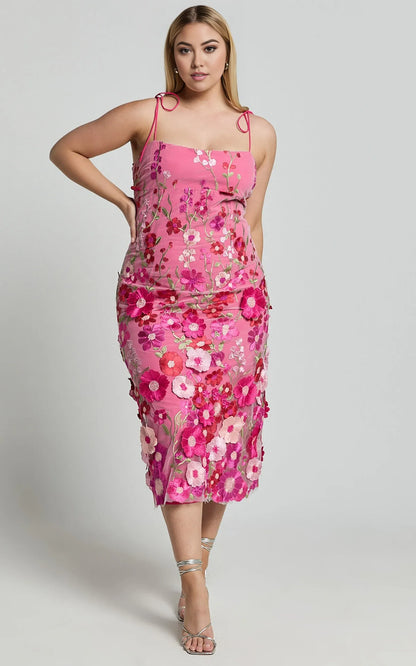 Dress Romantic Straight Neck Tie Strap Midi Dress Pink Column Sleeveless Backless Spaghetti Straps Evening Dress