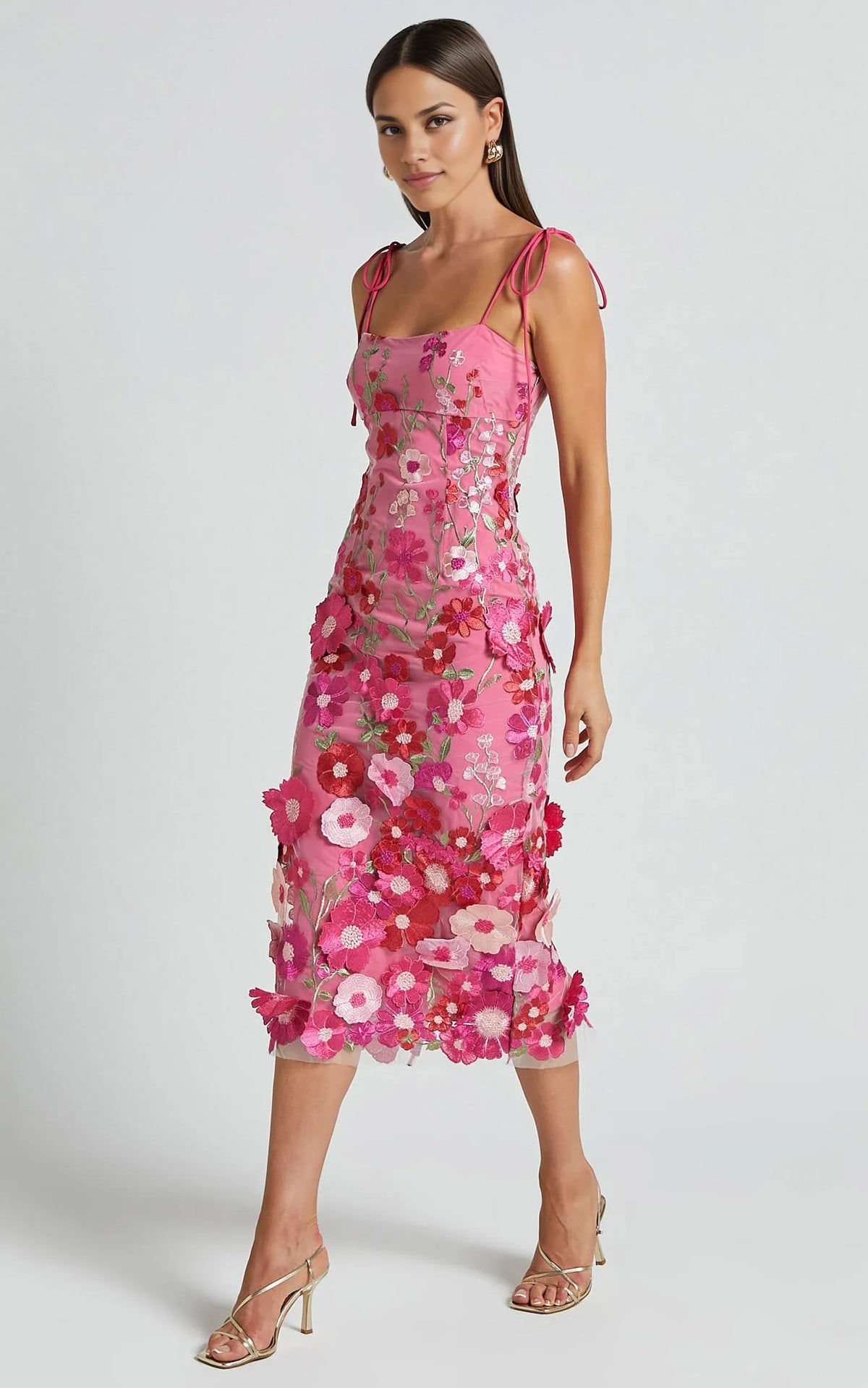 Dress Romantic Straight Neck Tie Strap Midi Dress Pink Column Sleeveless Backless Spaghetti Straps Evening Dress
