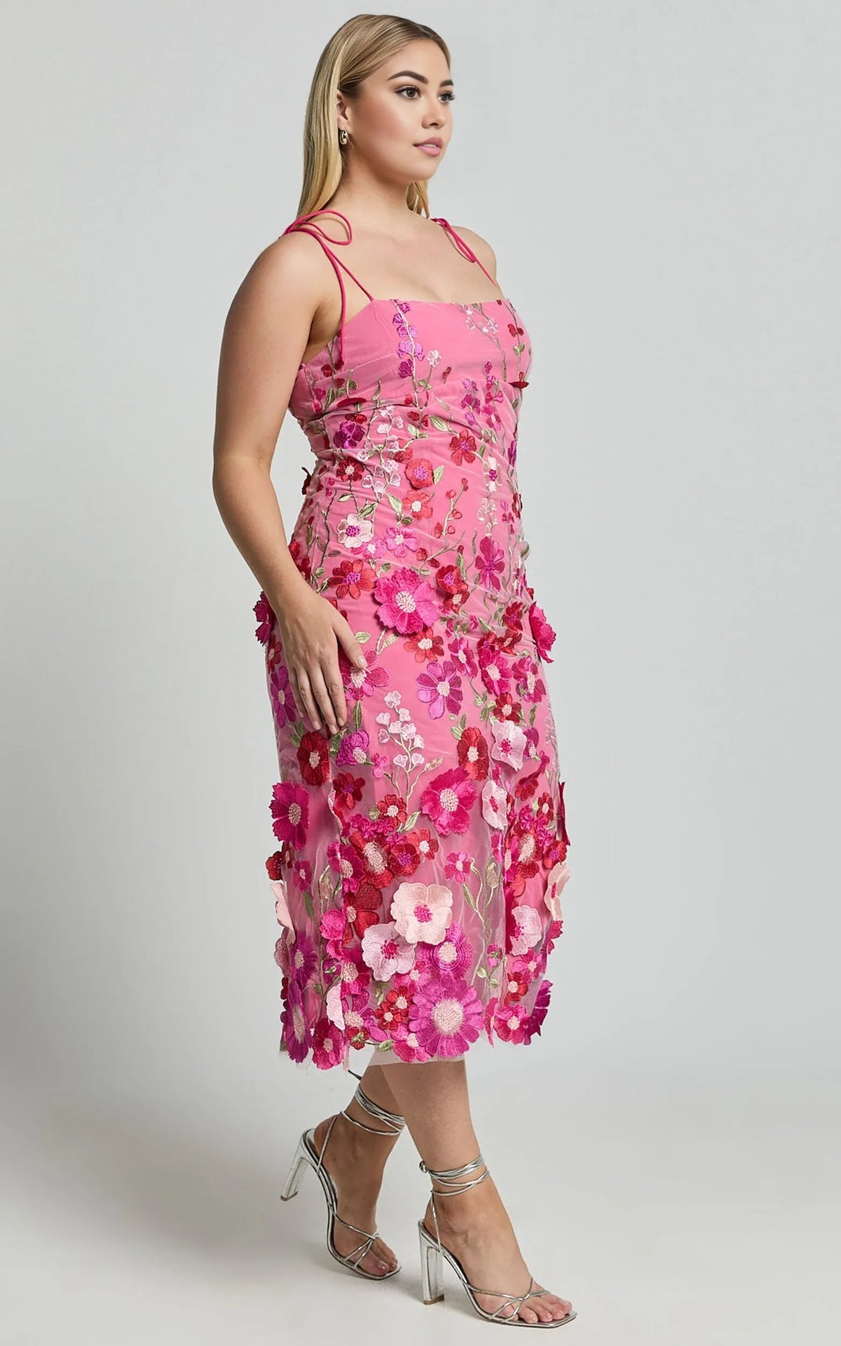 Dress Romantic Straight Neck Tie Strap Midi Dress Pink Column Sleeveless Backless Spaghetti Straps Evening Dress