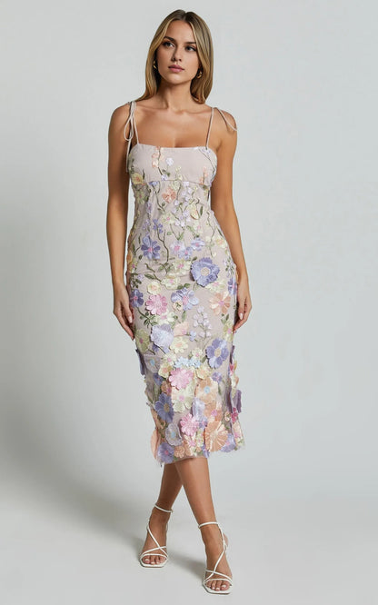 Dress Romantic Straight Neck Tie Strap Midi Dress Pink Column Sleeveless Backless Spaghetti Straps Evening Dress