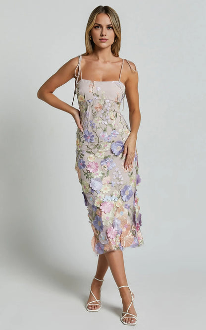 Dress Romantic Straight Neck Tie Strap Midi Dress Pink Column Sleeveless Backless Spaghetti Straps Evening Dress