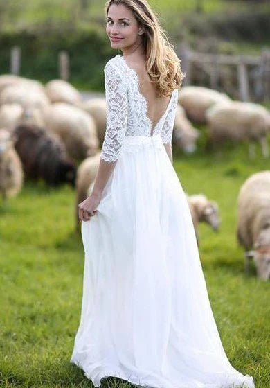 Dress Romantic V-neck Chiffon Lace A Line Floor-length Low-V Back 3/4 Sleeve Wedding Dress