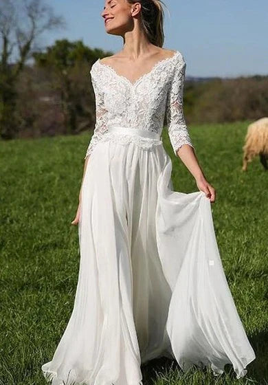 Dress Romantic V-neck Chiffon Lace A Line Floor-length Low-V Back 3/4 Sleeve Wedding Dress