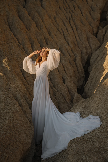 Dress Romantic Wedding Dress With Long Sleeves Long Train Wedding Dress Chiffon Bridal Gown Off White Color Wedding Dress