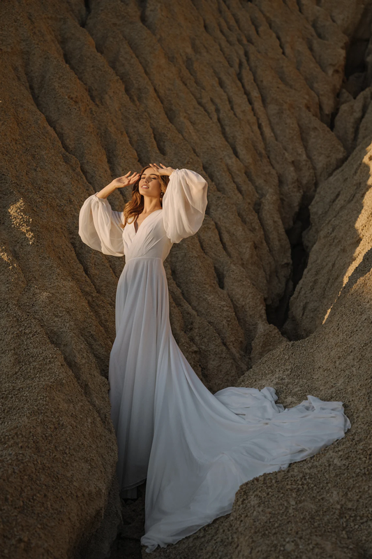 Dress Romantic Wedding Dress With Long Sleeves Long Train Wedding Dress Chiffon Bridal Gown Off White Color Wedding Dress