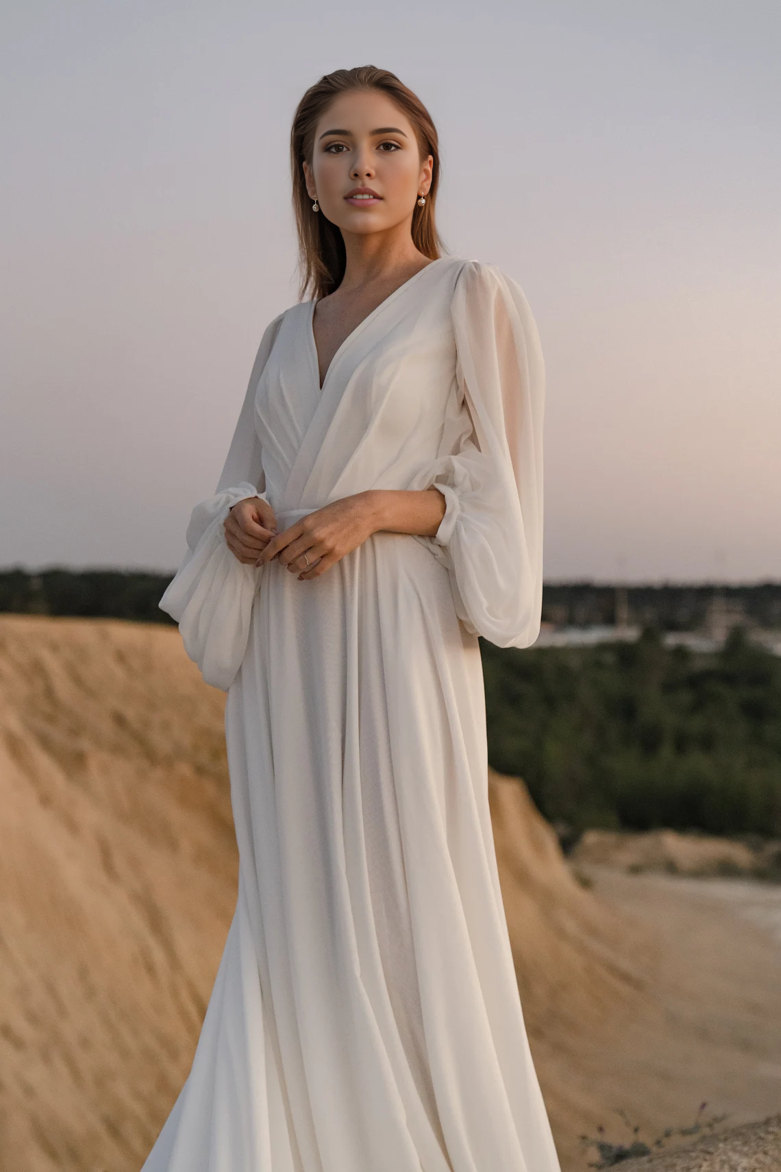 Dress Romantic Wedding Dress With Long Sleeves Long Train Wedding Dress Chiffon Bridal Gown Off White Color Wedding Dress
