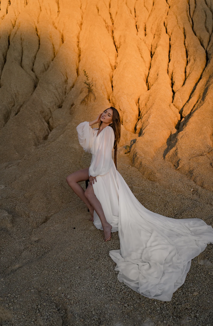 Dress Romantic Wedding Dress With Long Sleeves Long Train Wedding Dress Chiffon Bridal Gown Off White Color Wedding Dress