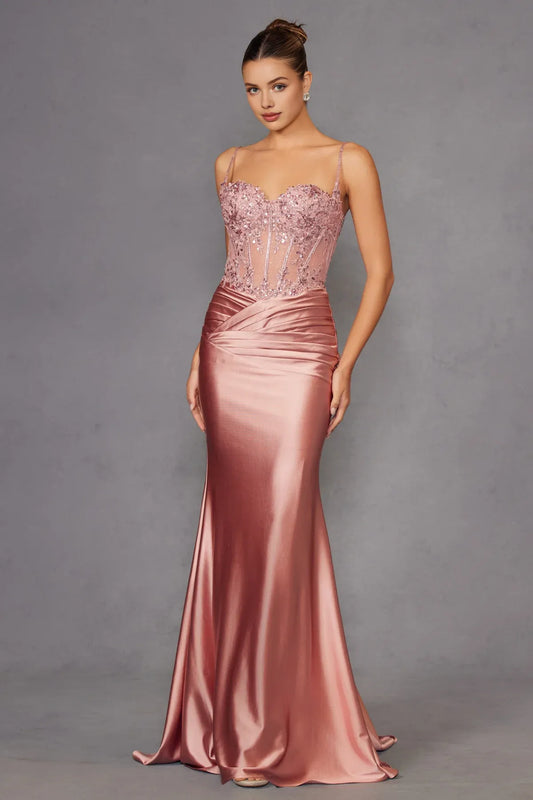 Dress Rose Gold Satin Mermaid Dress With Sheer Beaded Detail And Ruched Dress Capturing Timeless Sophistication Prom Dress