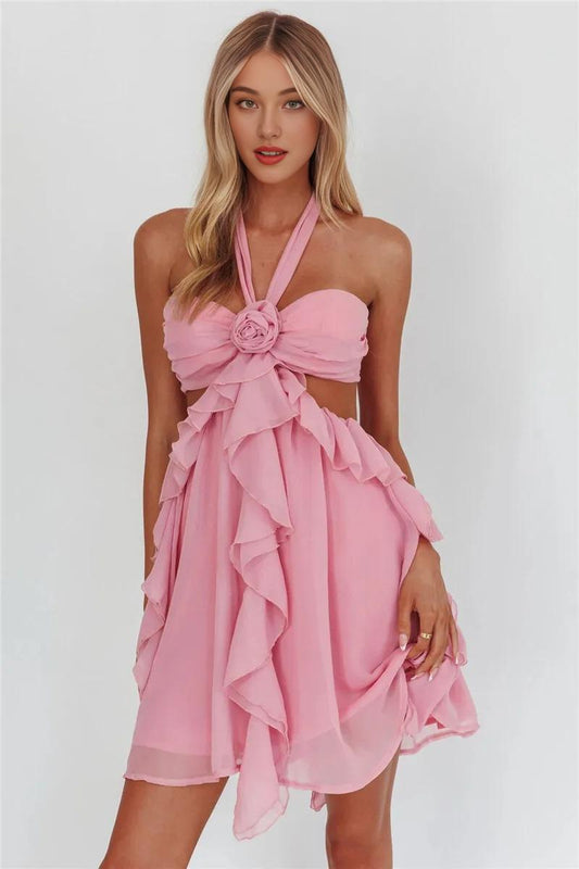 Dress Rose Halter Backless Sexy Mini Dress Women Pink off-Shoulder Strapless Sleeveless High Waist Club Party Beach Dress Homecoming Dress