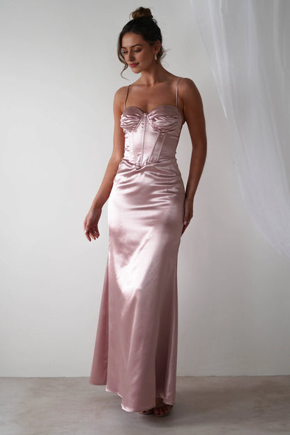 Dress Rose Satin Sleeveless Corset Bodice Gown Spaghetti Straps Elegant Mermaid Prom Dress